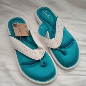 Clarks Olina Blossom Slide Sandals Thong white Turquoise Cushion Flip Flops